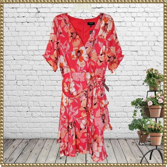 Tahari ASL Pink Floral Ruffle Midi Dress NWT - Picture 1 of 16
